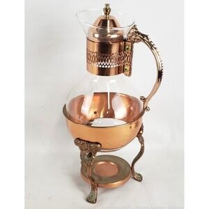 Vintage Copper and Glass Coffee Carafe Set of 3 with Ornate Warming Stands MCM